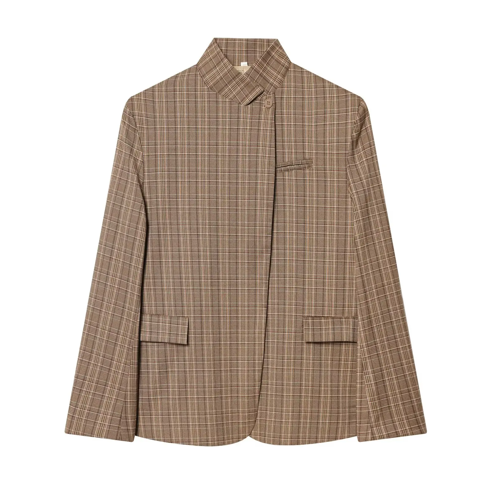 Women Autumn Long Sleeve Outerwear Stand Collar Single Button Plaid Blazer Coats 2026 Casual Office Lady Formal jacket women