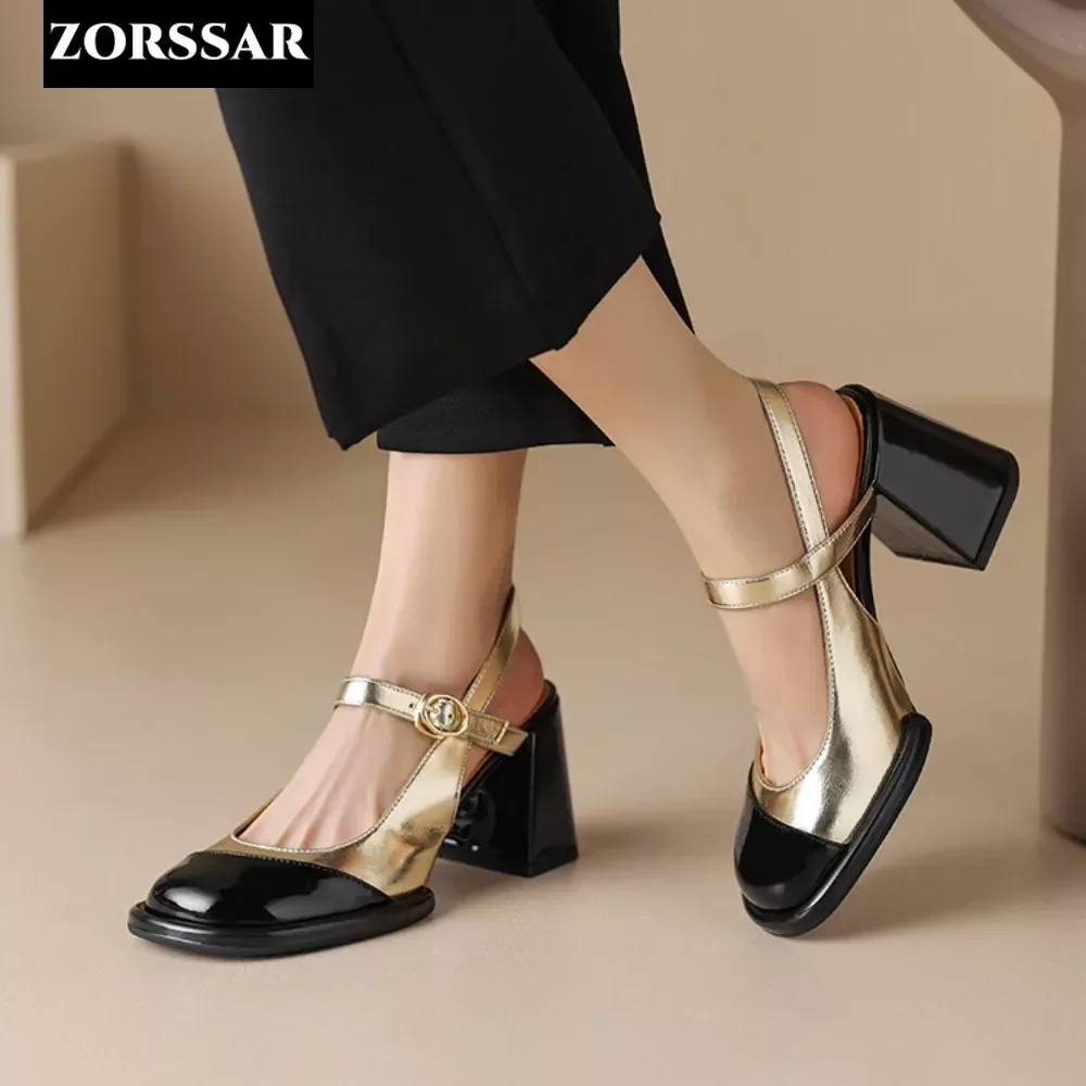 Gold Silver High Heels for Women 2024 Fashion Round Toe Genuine Leather Slingbacks Pumps Elegant Lady Heeled Shoes Summer Sandal