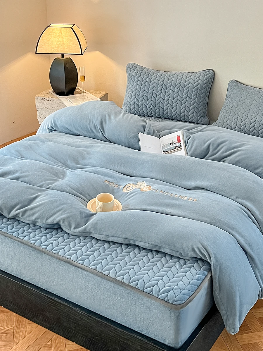 

Зимний теплый комплект постельного белья из хлопка и кораллового флиса, двусторонний велюр, синий, класс А, ткань из молочного вельвета, балдахин для кровати