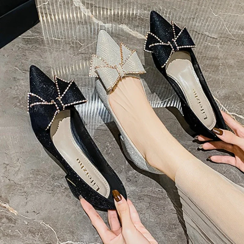 Women Pumps 2024 Spring New Pointed Toe Crystal Butterfly-knot Shoes Ladies Med Heel Luxury Dress Party Wedding Shoes Female