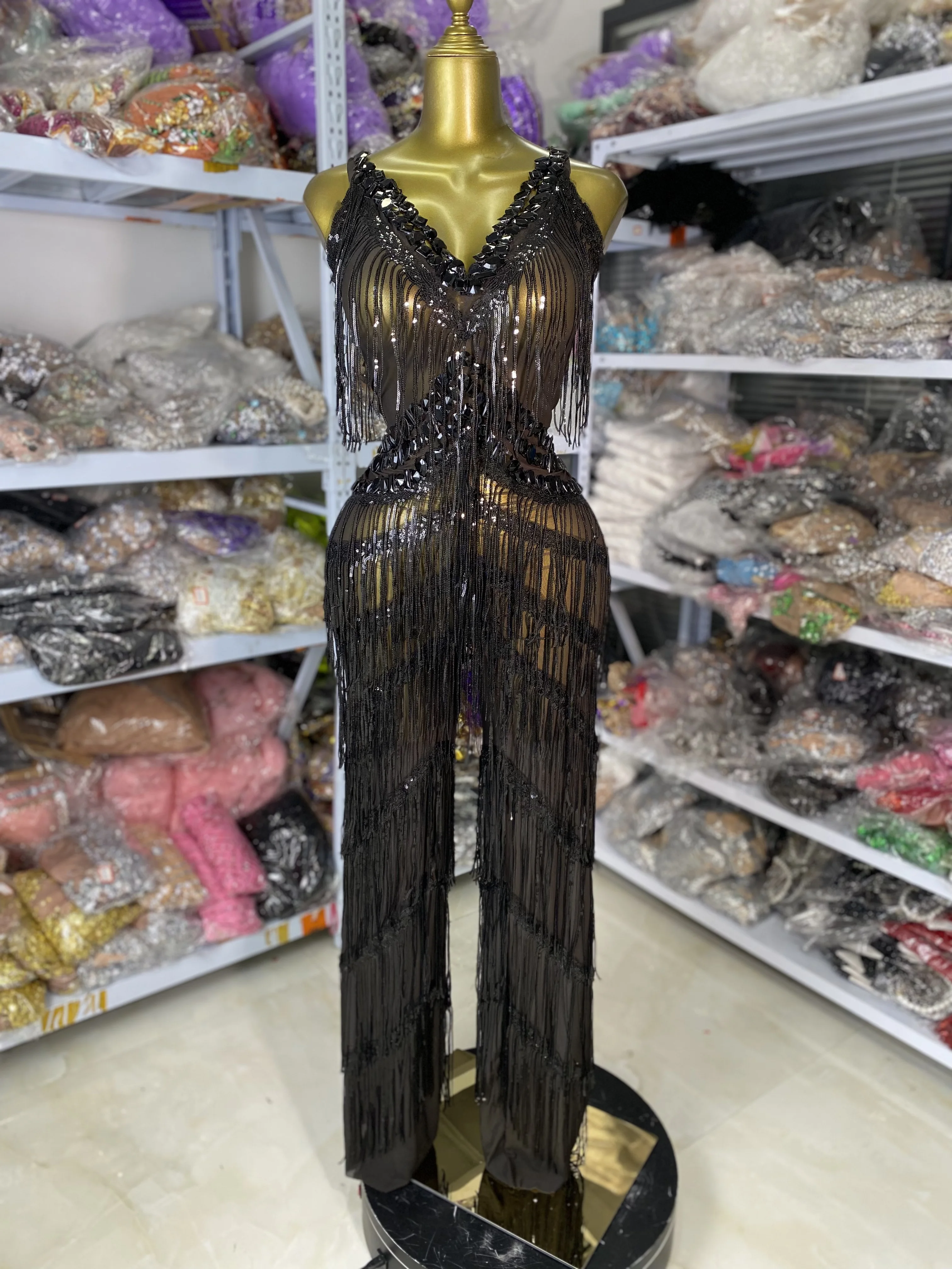 

Women Sparkly Black Rhinestones Sequined Fringe Jumpsuit Dress Nightclub Party Birthday Outfit Show Singer Stage Perform Costume