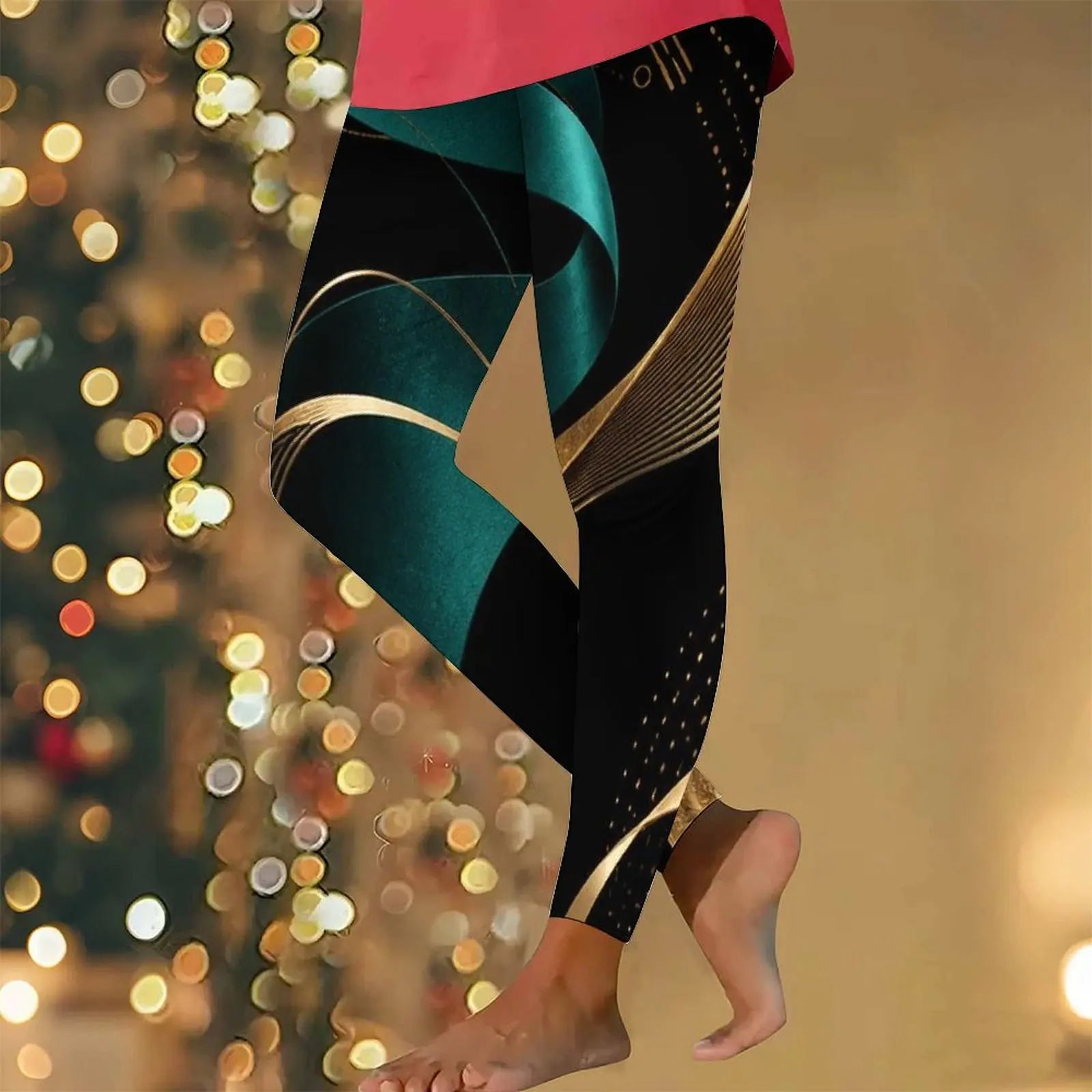 Women Full Length Fitted Printed Leggings, Black with Teal Swirl Ribbon and Gold Line Dot Prints