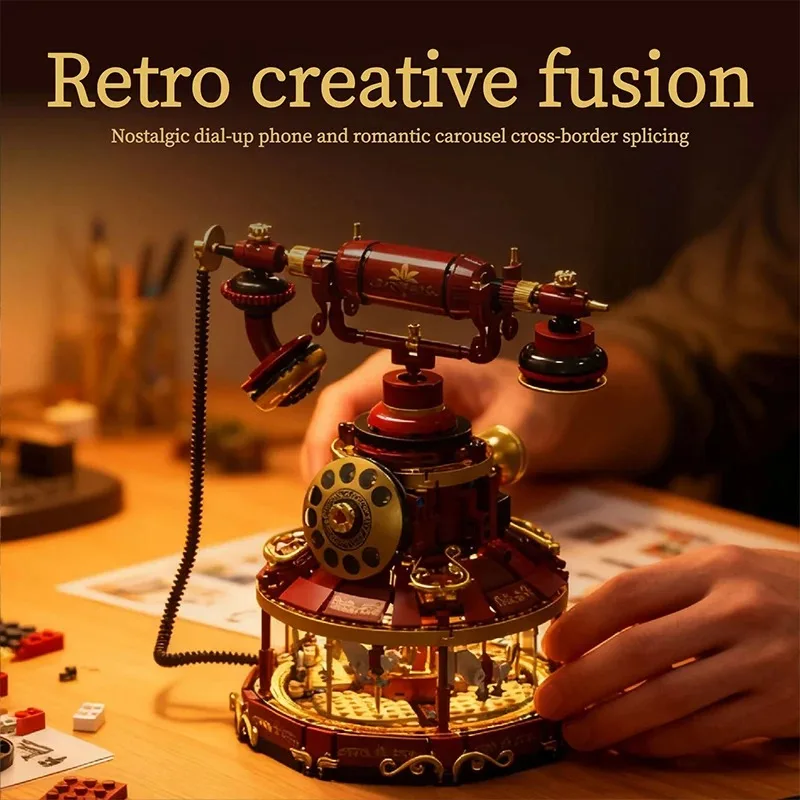 

Retro Telephone MOC Building Toys Carousel Blocks Model Room Decor DIY Bricks Ornament Gifts for Kids Adult 1100+pcs With Light