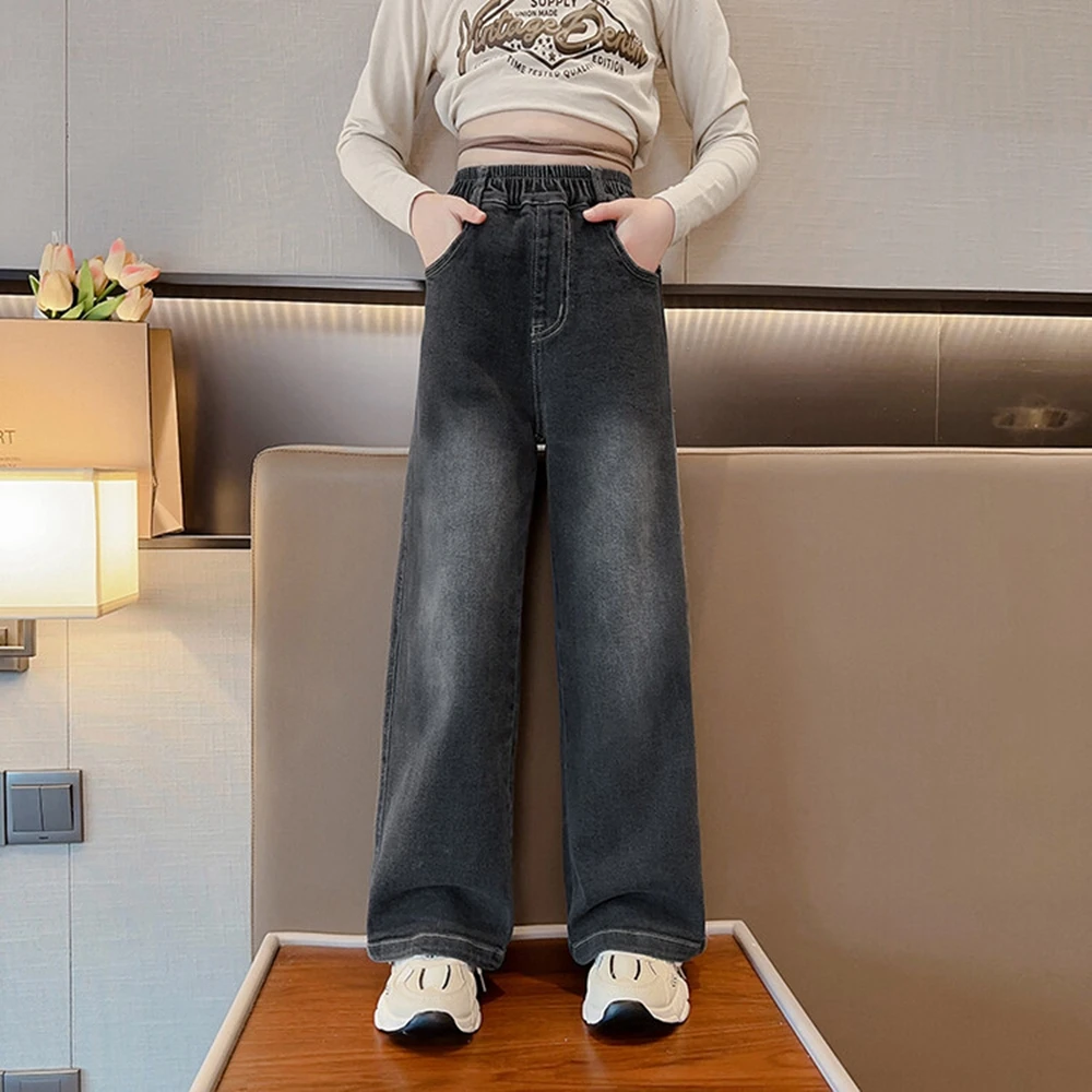 Girls Jeans Fashion All-match Casual Wide Leg Pants Loose Straight leg 2023 Autumn New Children Wash Cowboy Trousers Kids 5-14Y