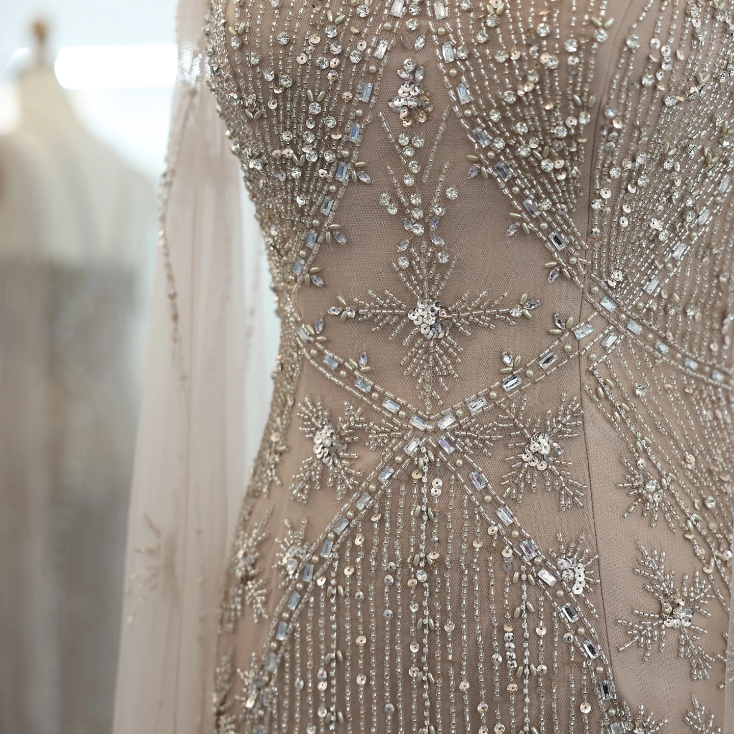 Sharon Said Dubai Champagner Meerjungfrauen-Abendkleider mit Cape-Ärmeln Aqua Criss Cross Flieder Hochzeits-Partykleid SS391 Maßanfertigung – Detail 23