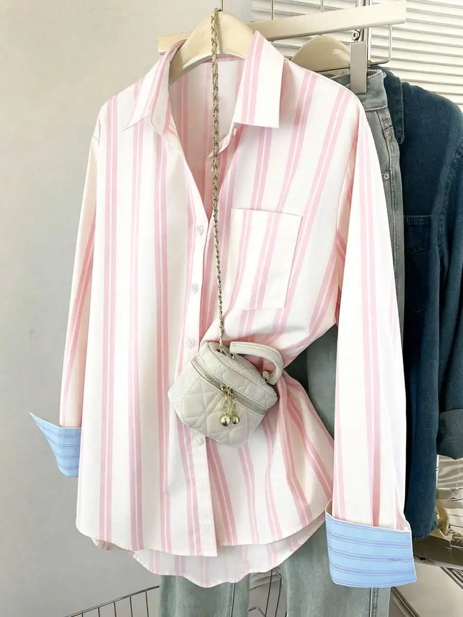 

Womens Pink And White Striped Long Sleeve Single Breasted Casual Shirt With Pocket