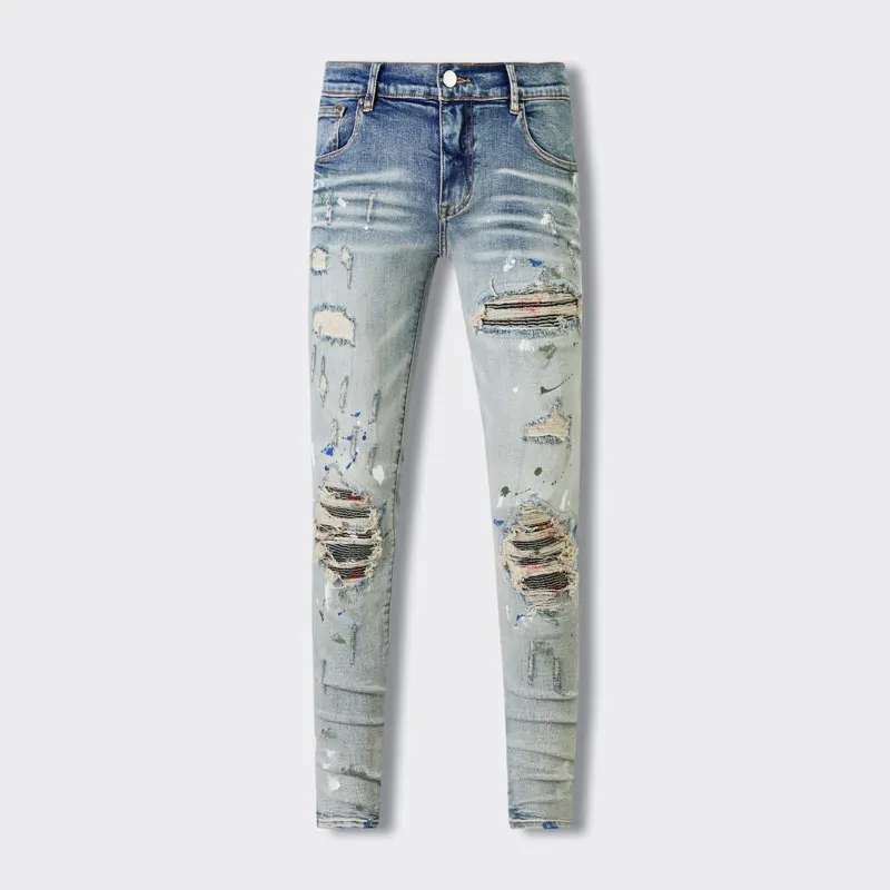 

Y2K High Street Fashion New Men's Jeans Washed Nostalgic Stretch Slim Fit Perforated Patch Retro Black Jeans Designer Hip Hop Br