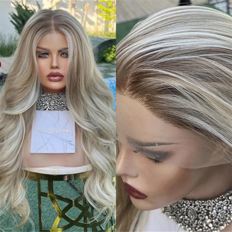 

Ombre Ash Blonde Balayage Wig 13x4 Synthetic Lace Frontal Wigs Party Drag Queen Lady Wigs High Quality Pre plucked Lace 28 Inch