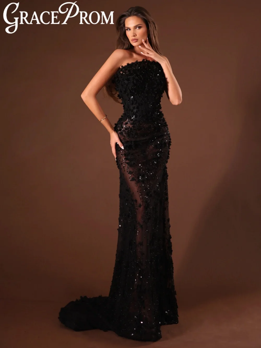 

Black Illusion Beaded Long Evening Dress Chic Strapless 3D Floral Wedding Party Gown Customized Luxurious Red Carpet Gowns