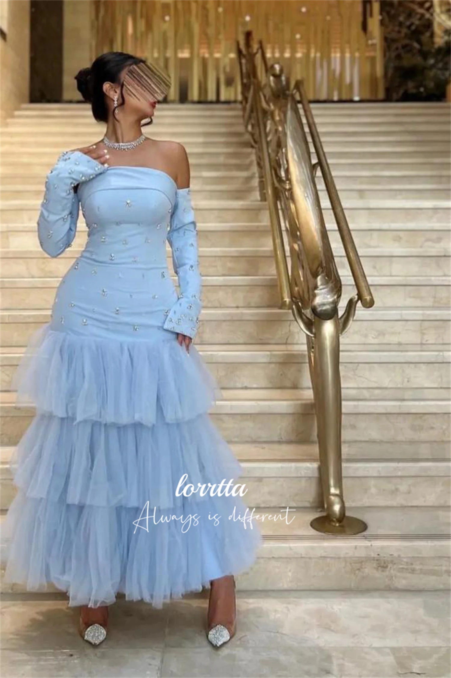 Lorrtta Hand Beaded Decoration Party Dress Long Sleeves Sky Blue Evening Fishtail Cut Dresses for Special Events Gala Customized