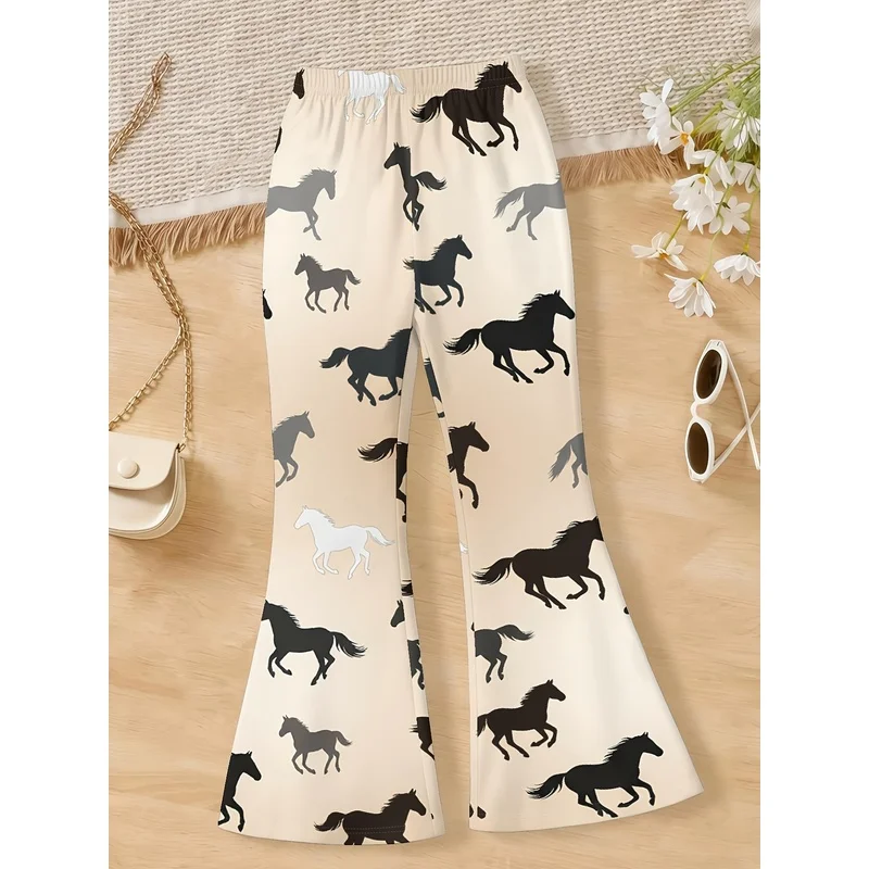 Bla & White Running Horse Print Girls' Slim Fit Bell-Bottom Pants 4-12Spring and Summer New Style Stretchy Slimming Flared Long