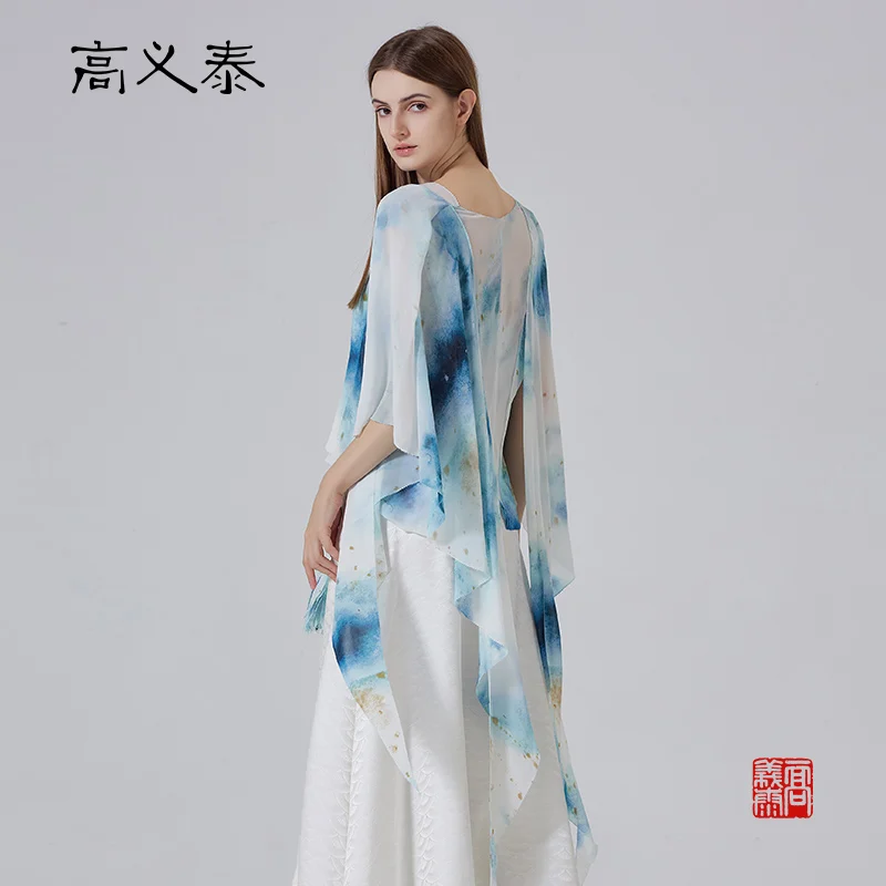 Gaoyitai Silk Printed Georgette V-neck Mid-sleeved Bias-bound Short CoatWY127