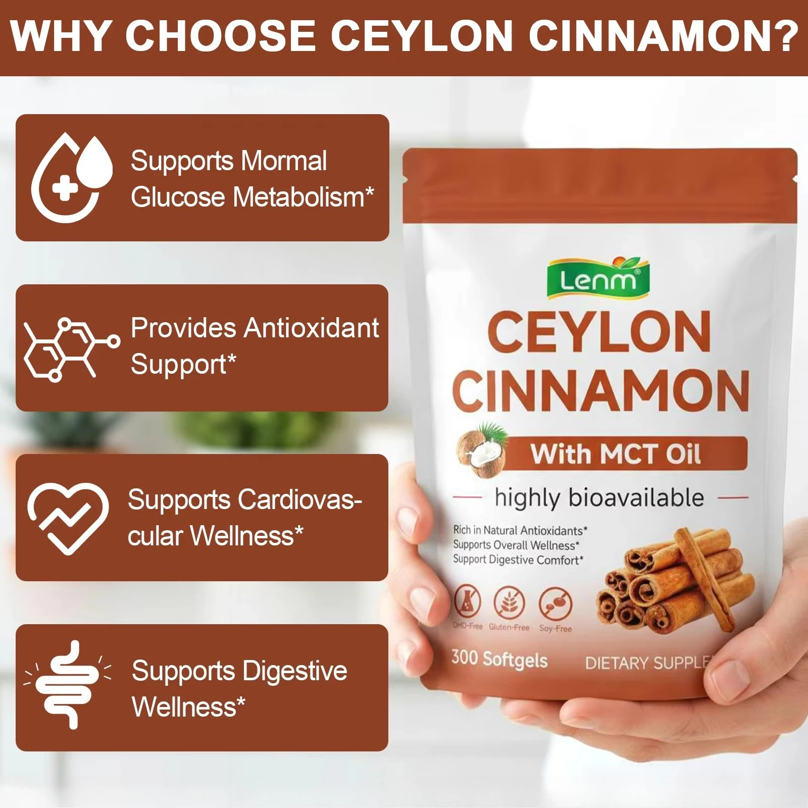 Ceylon Cinnamon Softgels Promote Glucose Metabolism & Skin Glow Antioxidant Digestive Comfort & MCT Oil 300pcs for Blood Sugar