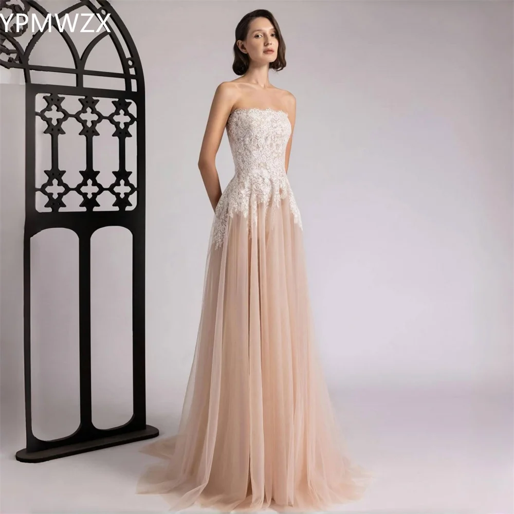 

Customized YPMWZX Strapless A-line Floor length Skirts Layered Draped Tulle Sleeveless Print Bespoke Occasion Dresses