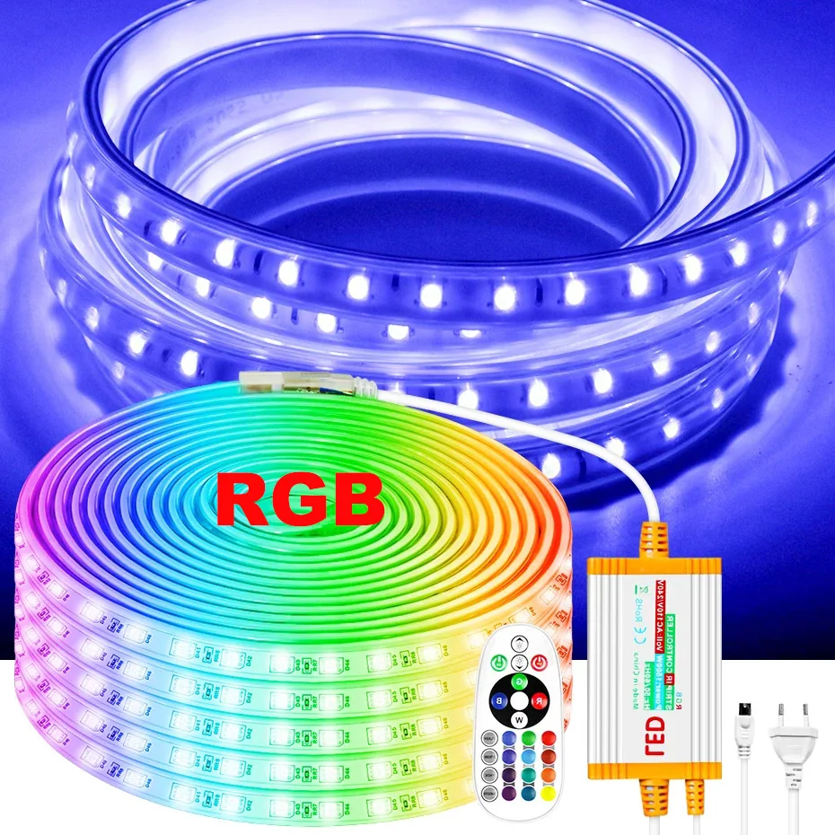 

IP67 LED Strip Lights RGB Tape 5050 4Pin 220V 1-100M Outdoor Decoration with 24Keys Remote Control Waterproof Controller 1500W