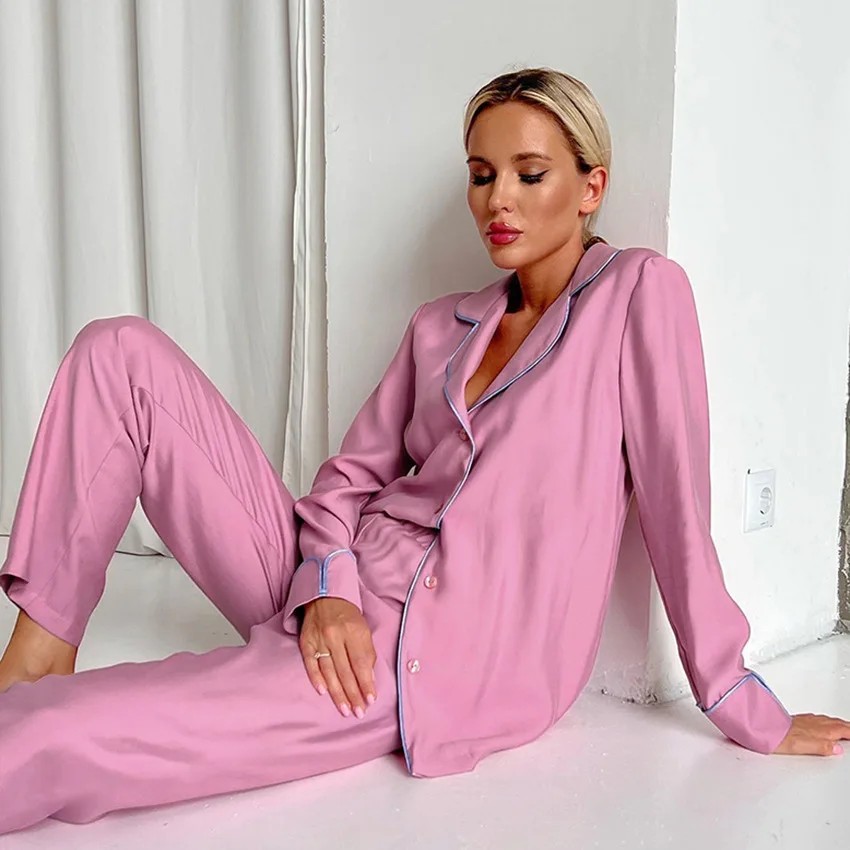 

Women's Solid Pajama Set Spring Autumn Long Sleeve Ladies Sleepwear 2 Pcs with Pant Single Breasted Home Clothes for Female