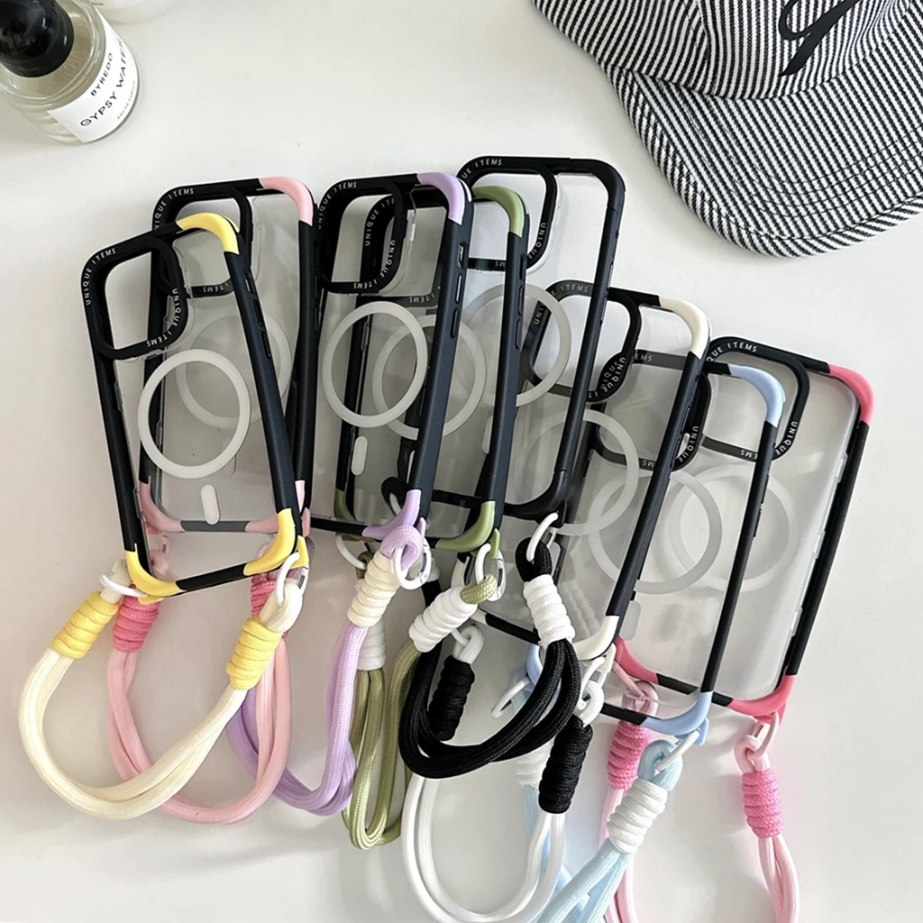 

Прозрачный магнитный чехол для беспроводной зарядки 4 в 1 с черной рамкой и ремешком для телефона iPhone 16 15 14 Pro Max