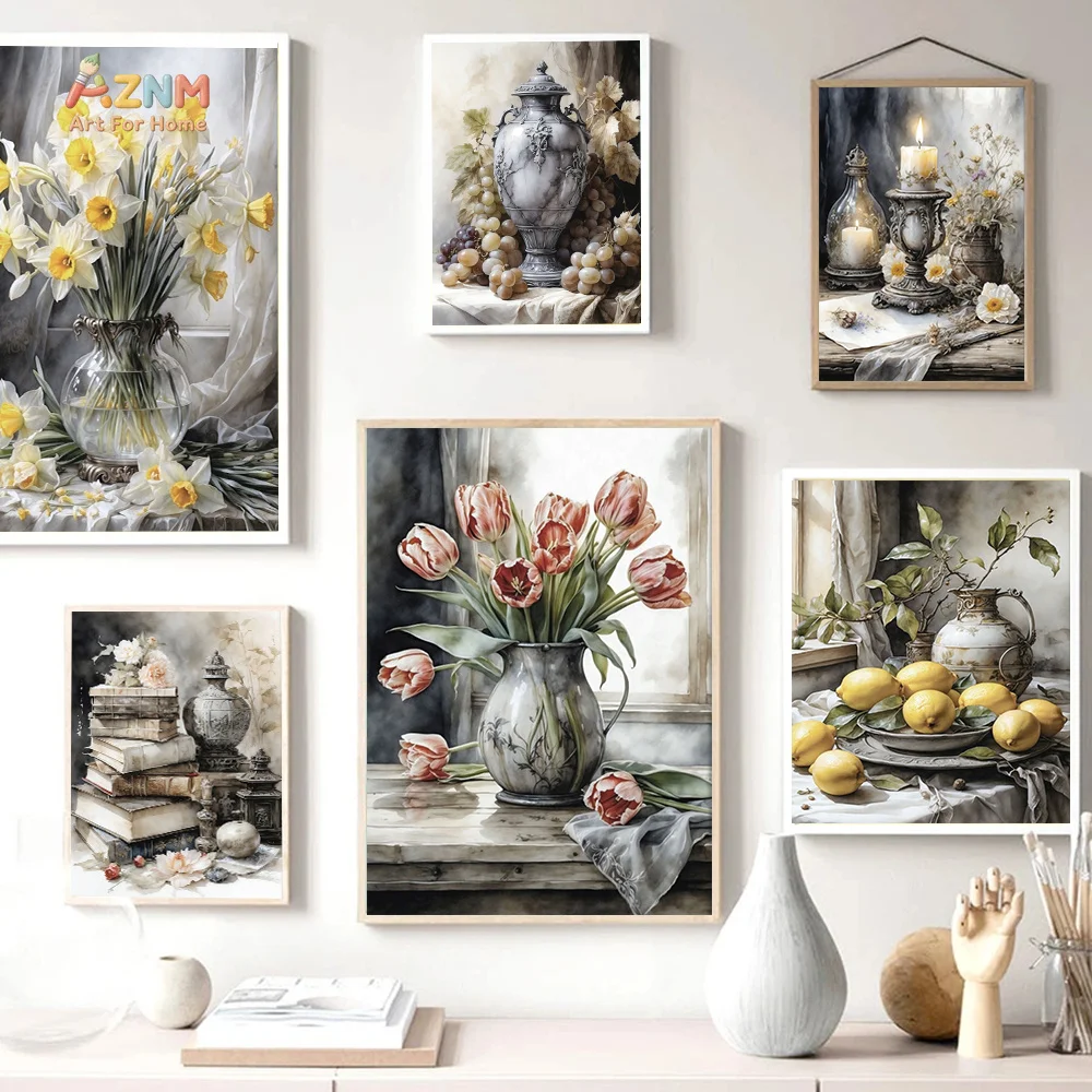 AZNM Vintage Floral Still Life Canvas Wall Art,Watercolor Tulip Hydrangea Flower Vase Unframed Canvas Poster for Living Room Din