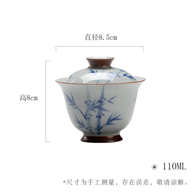 

Antique Green - Bowl Hand-painted Blue and White Bamboo Ceramic Household High-footed Tea Brewing Gaiwan