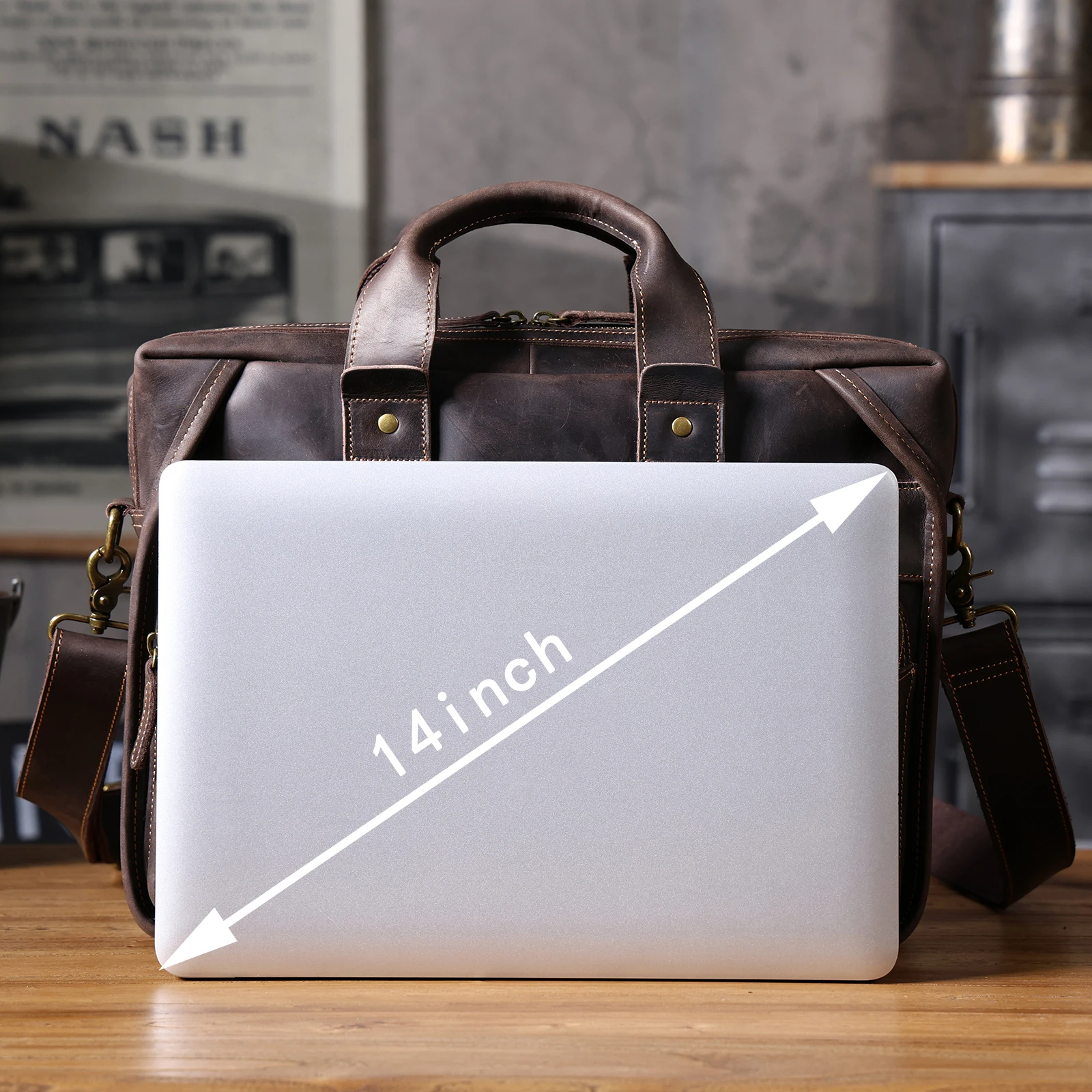 Vintage Echtleder Herren-Aktentasche 14" Laptop-Tasche Crazy Horse Leder Messenger-Handtasche Rindsleder Geschenkidee für Männer – Detail 13