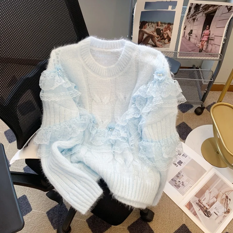 

2025, новинка, европейский, одежда, свободный, свитер, шикарный, сексуальный, с круглым вырезом, 3D, цветок, пэчворк, кружево, женский, с длинным рукавом, вязаный, пуловер, топы, 59060