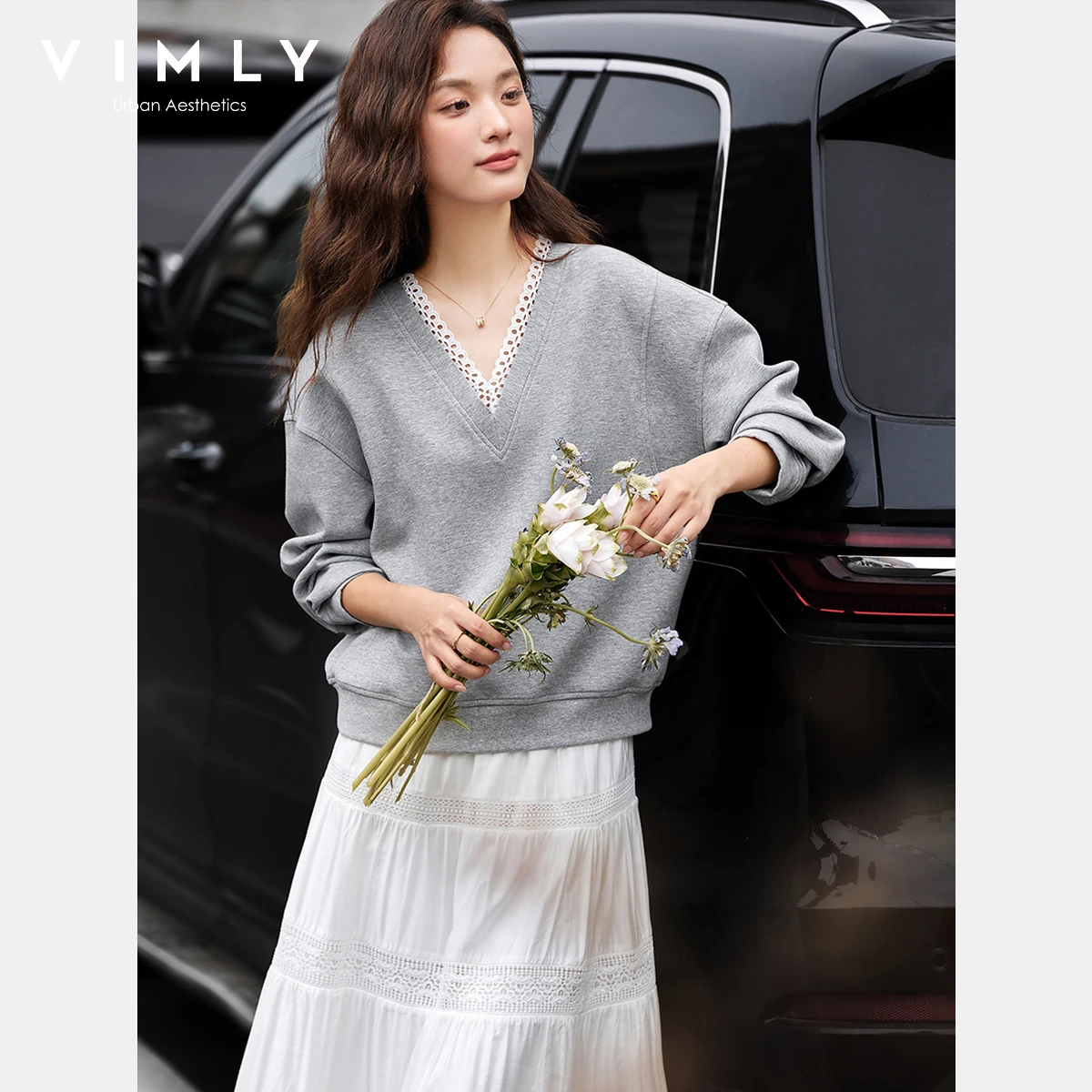 VIMLY Woman Sweatshirts Grey Lace Spliced V-neck Autumn 2025 Casual Long Sleeve Loose Tops Sporty Knitted Sweater Female A2078