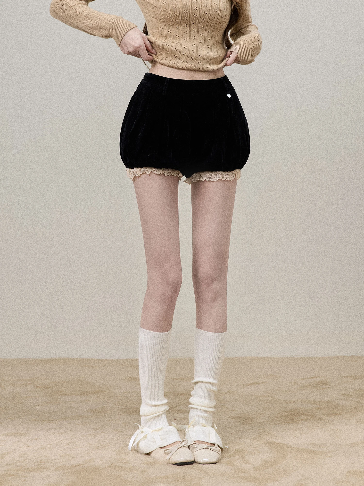 

Swee Lace Trim Velvet Pleated Flower Bud ort Skirt Women's Spring Slimming Pumpkin ort Skirt High Waist Elastic Waist