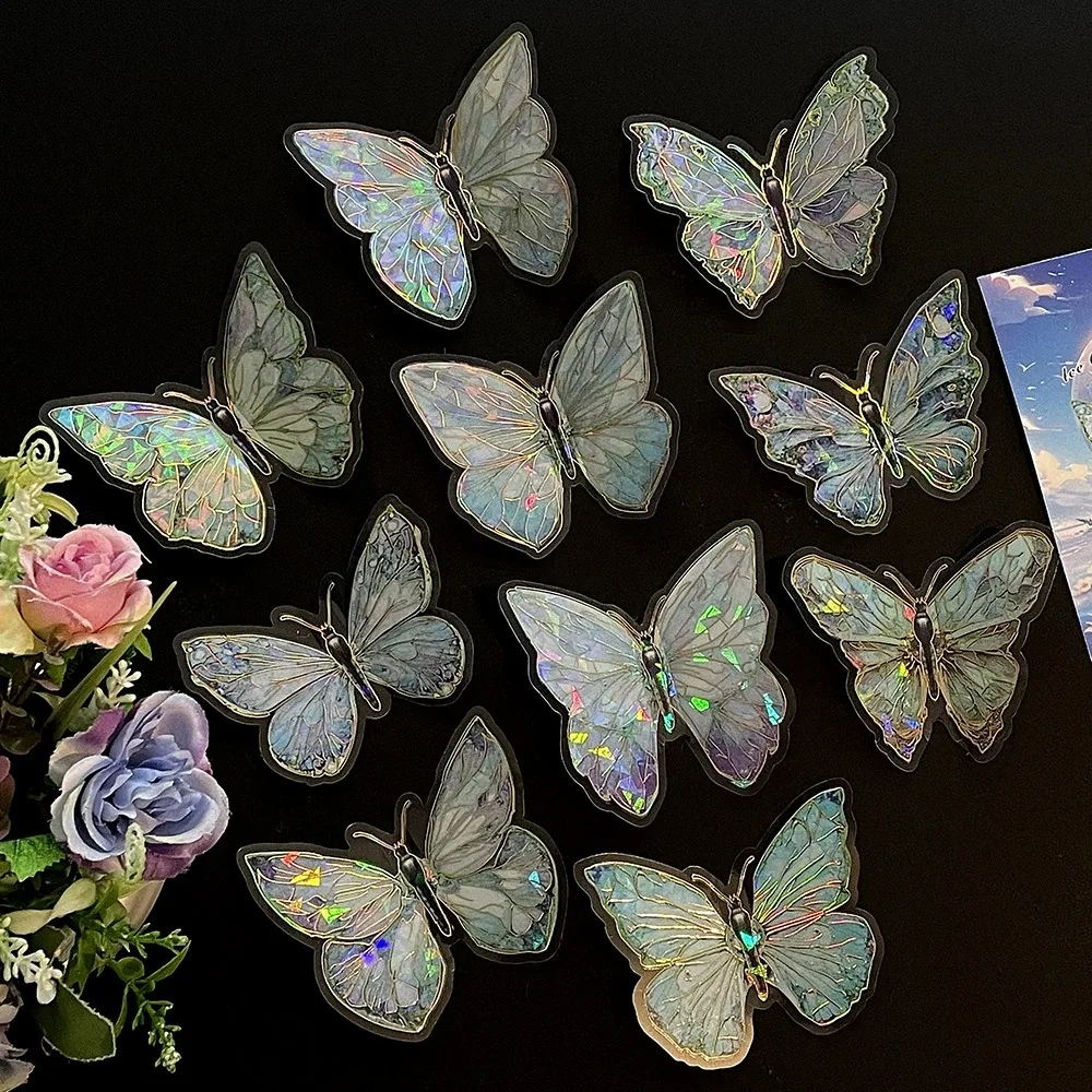 10PCS DIY Crafts Ice Crystal Laser Butterfly Sticker Vintage Aesthetic Handmade Butterfly Collage Sticker Shiny PET Scrapbooking