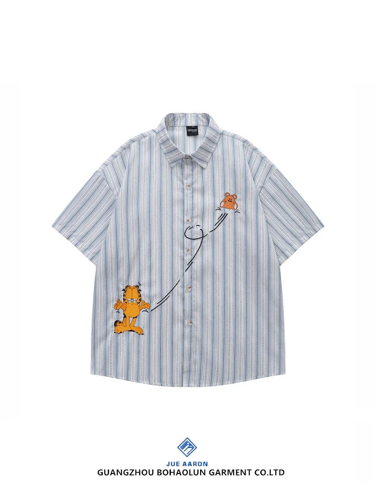 

JueAaron American Retro Bear Embroidery Striped ort Sve Loose Men's irt Youthful Summer Casual Cotton Polyester Blend