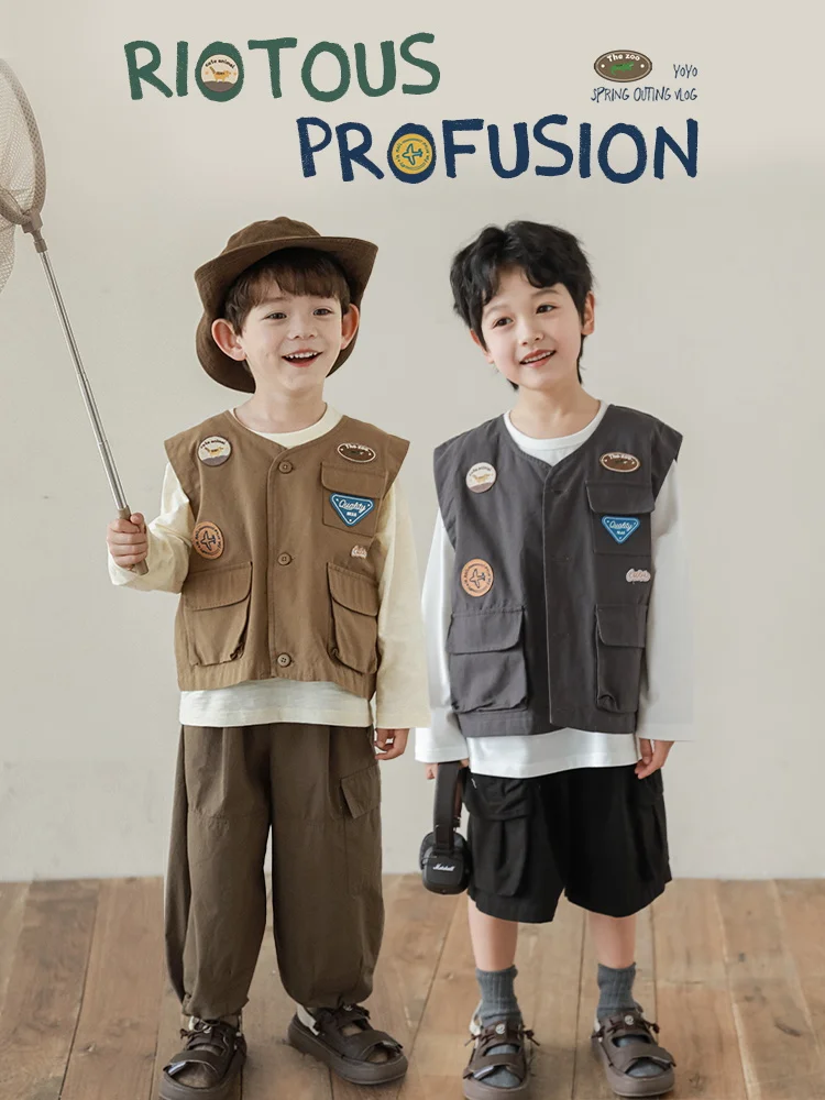 

Boys' Vest 2024 New Spring All Cotton Retro Fashion Loose Waistcoat Trendy