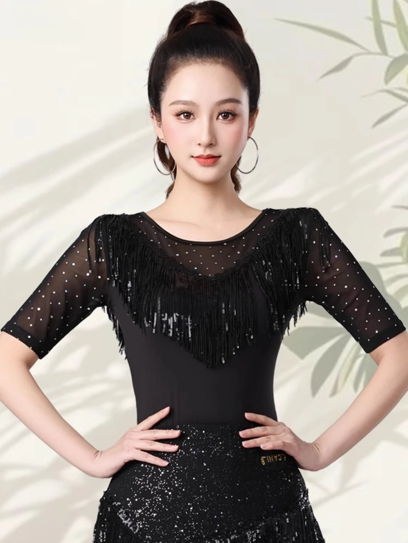 

Party Dresses Girls Latin Dance Costume Glitter Black Sequin Tassels Shiny Mesh Samba Top Modern Dance Women Ballroom Dancewear