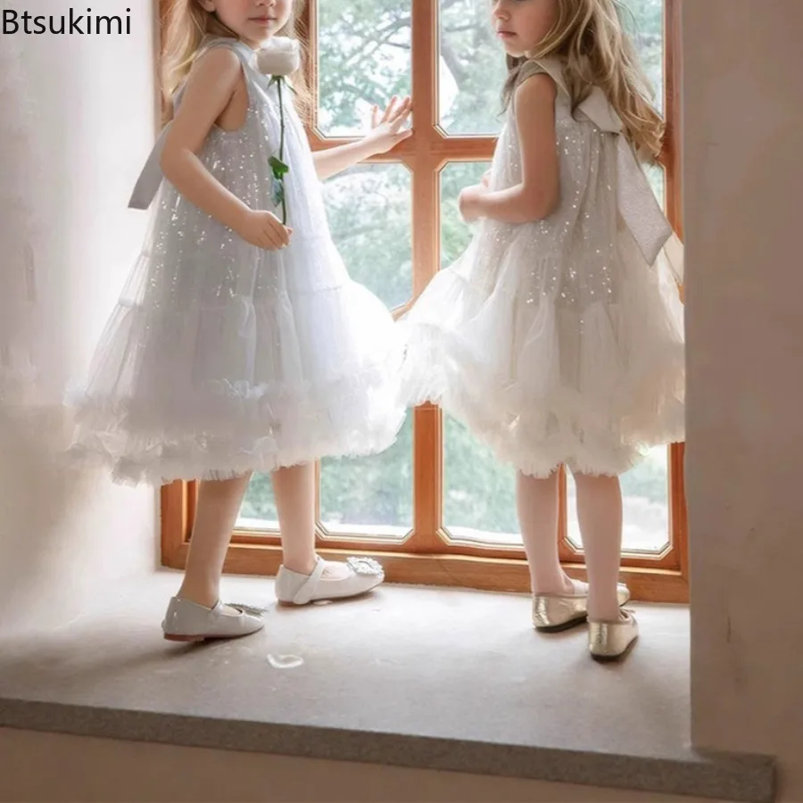 New 2026 Summer Teenager Girl's Party Dress Cute Doll Lapel Baby Girl Sequined Mesh Sleeveless Princess Birthday Party Dresses