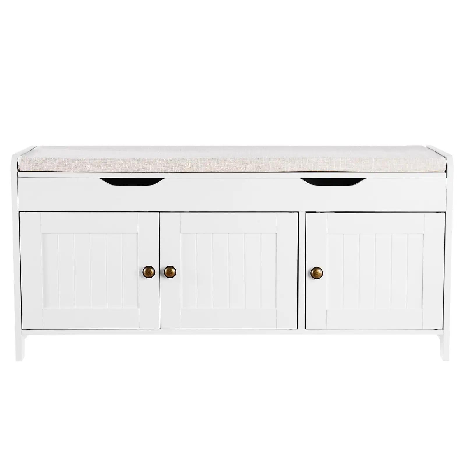 Banco para recibidor con almacenamiento elevable, zapatero de 41.3 x 13.8 x 19.8 pulgadas con cojín, capacidad de 250 libras, 3 gabinetes y ajustable