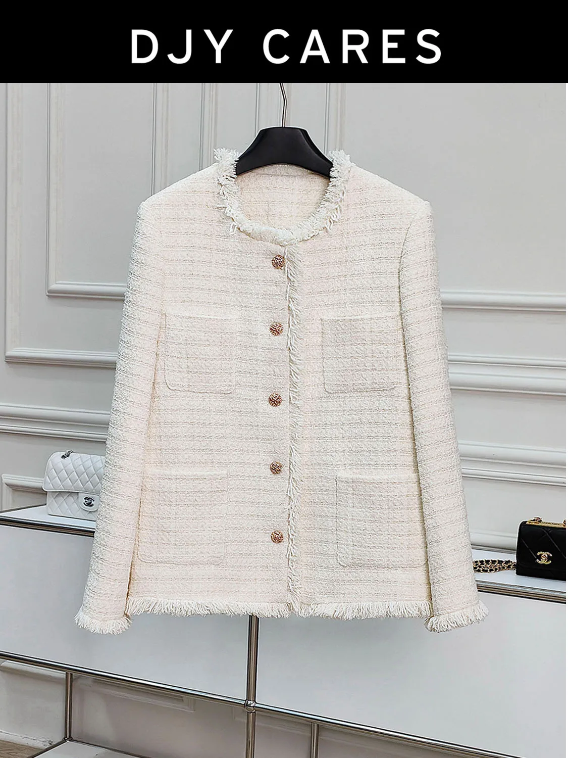 

New Thick winter beige jacket with coarse tweed and cotton, medium to long top big size