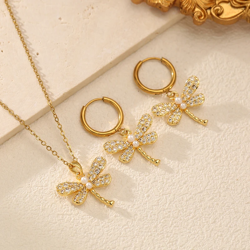 EILIECK 316L Edelstahl Libellen-Strass-Perlen-Halskette und Ohrringe Set für Frauen, Trendiges Geschenk, Luxuriöser Wasserfester Schmuck – Detail 9