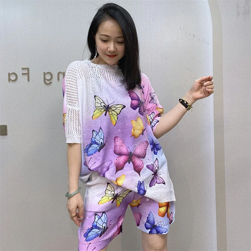 Diamonds Butterfly Printed Shorts Sets Women Summer Clothes Loose Tracksuit Casual Knitting Wear Two Piece Sets Womens Outifits