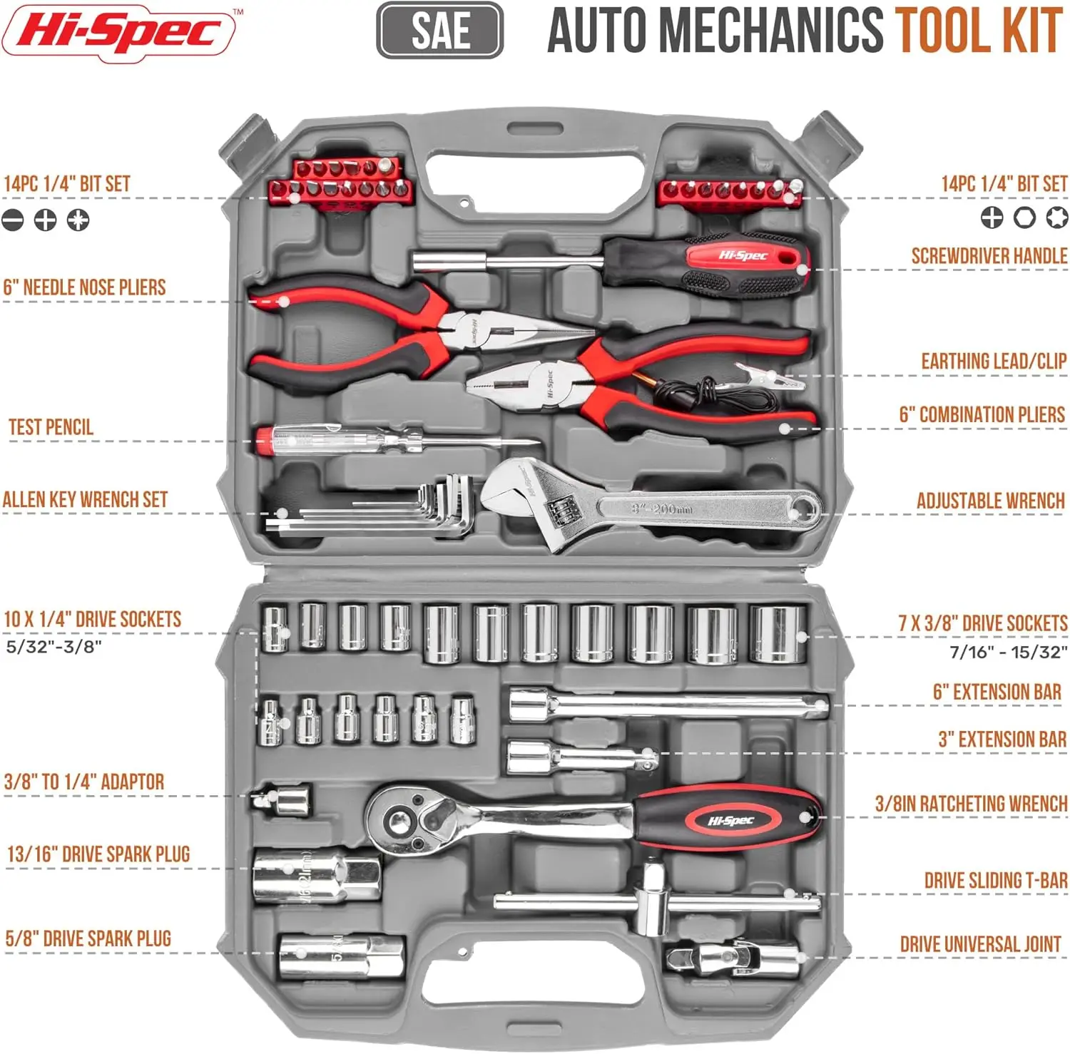 Hi-Spec Tools 67Pc Sae Auto Mechanics Hand Tool Kit Set. Complete Car, Motorcycle, Engine & Garage Repairs With Sockets,