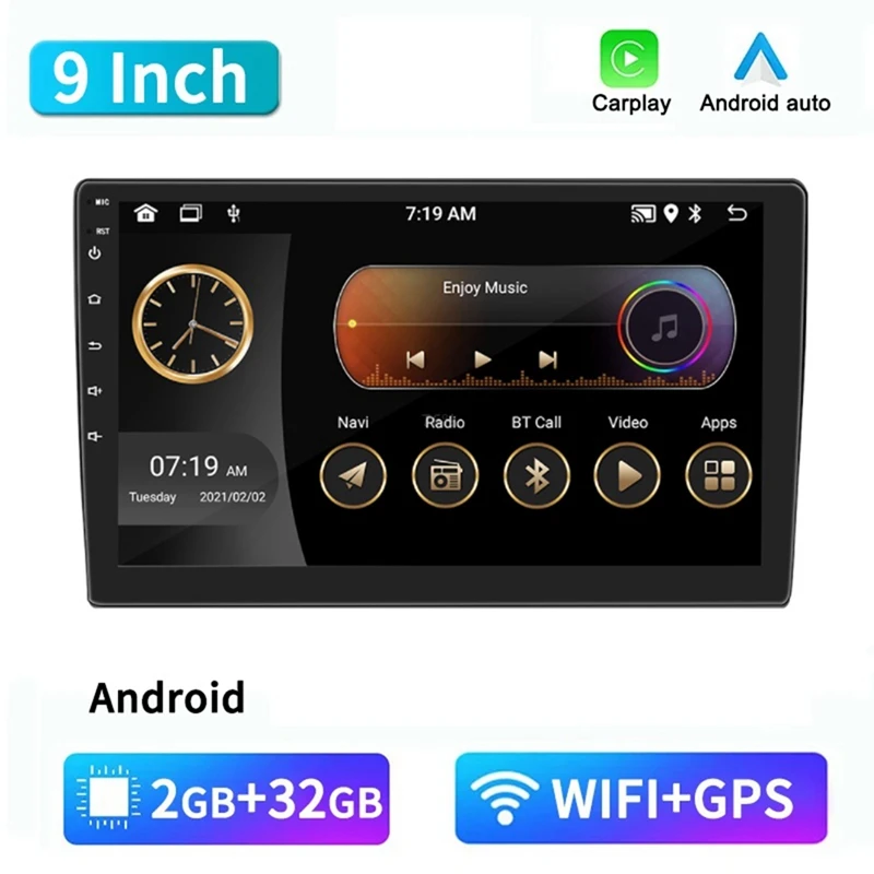 

2 Din Android Car Stereo Wireless Carplay Android Auto, 9 Inch Touchscreen Black Wifi GPS Bluetooth FM RDS 2G+32G