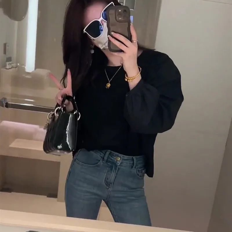 خريف 2025 تي شيرت نسائي طويل أنيق بتصميم فقاعي مريح كاجوال Sle لون نقي مادة أخرى 00% #2