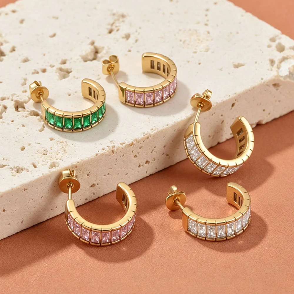 JeeMango Embedding Rectangular Zircon C-shaped Hoop Earrings Gold Plated Stainless Steel Cubic Zirconia Jewelry For Women E26176