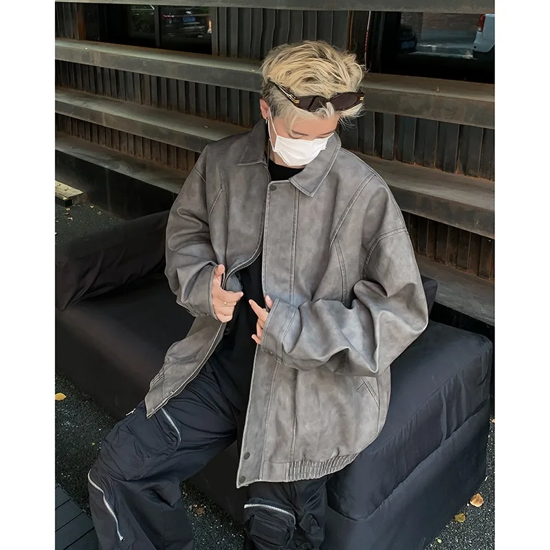 American Vintage Style Loose Fit PU Leather Jacket for Men New Spring 2026 Streetwear Fashion Faux Leather Jackets Men Clothing