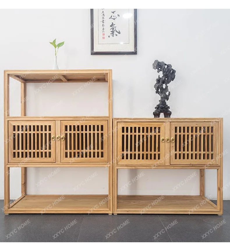 A506 New Chinese Tea Cabinet Shelf Solid Wood Side Cabinet Small Tea Side Cabinet Old Elm Mobile