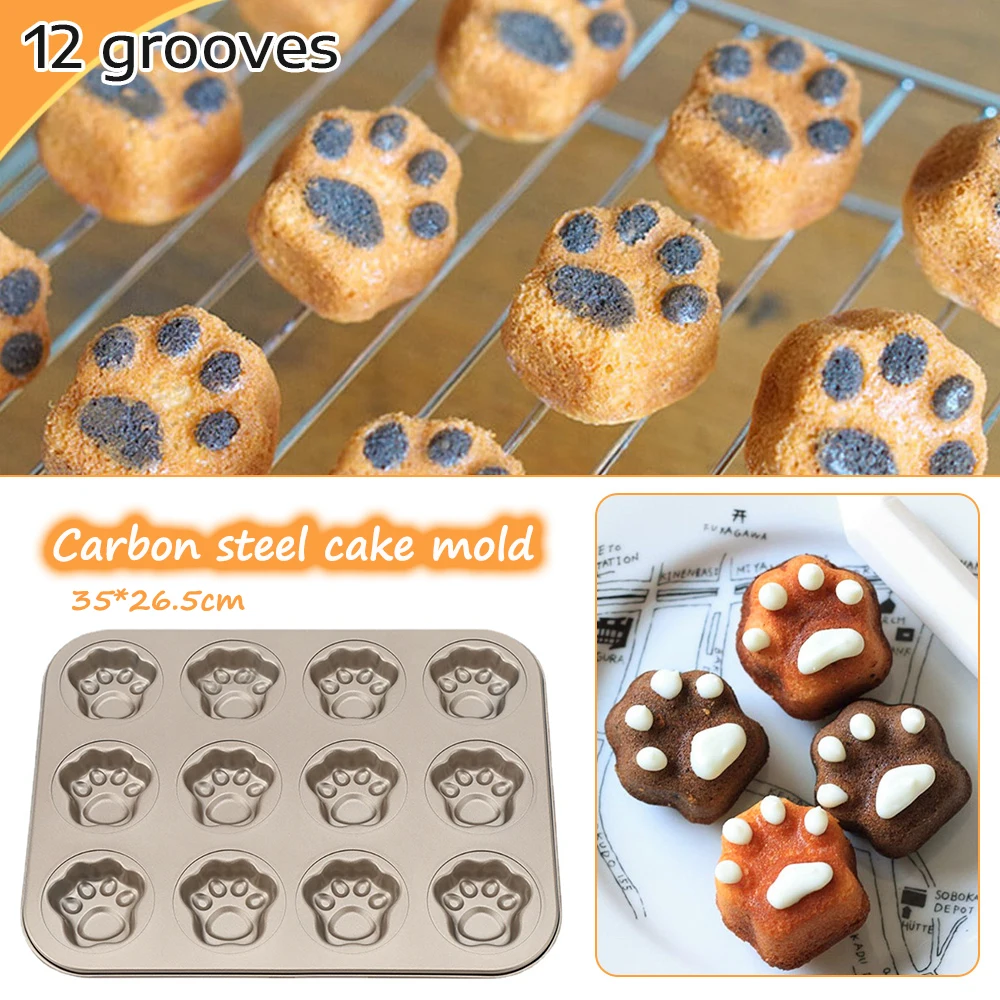 12 Holes Carbon Steel Cupcake Baking Tray Cute Cat Paw Non-Stick Cake Mould Egg Tart Baking Mold Biscuit Pan Kitchen Bakeware