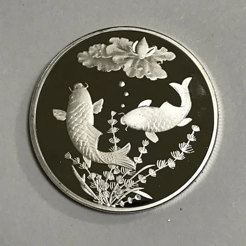 Non-magnetic Koi Fancy Carp Coin, Chinese Lucky Furtune, Animal Lotus, Silver Plated, 40mm, Souvenir Decoration Coin, 5 Pcs