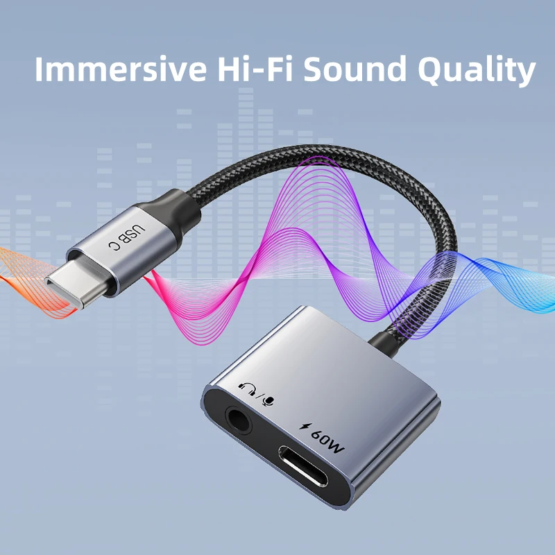 CABLETIME USB C to 3.5mm Audio hub Adapter USB C Headphone Charger 2-in-1 PD 60W Fast Charger Adapter Hi-Fi for IPhone Xiaomi