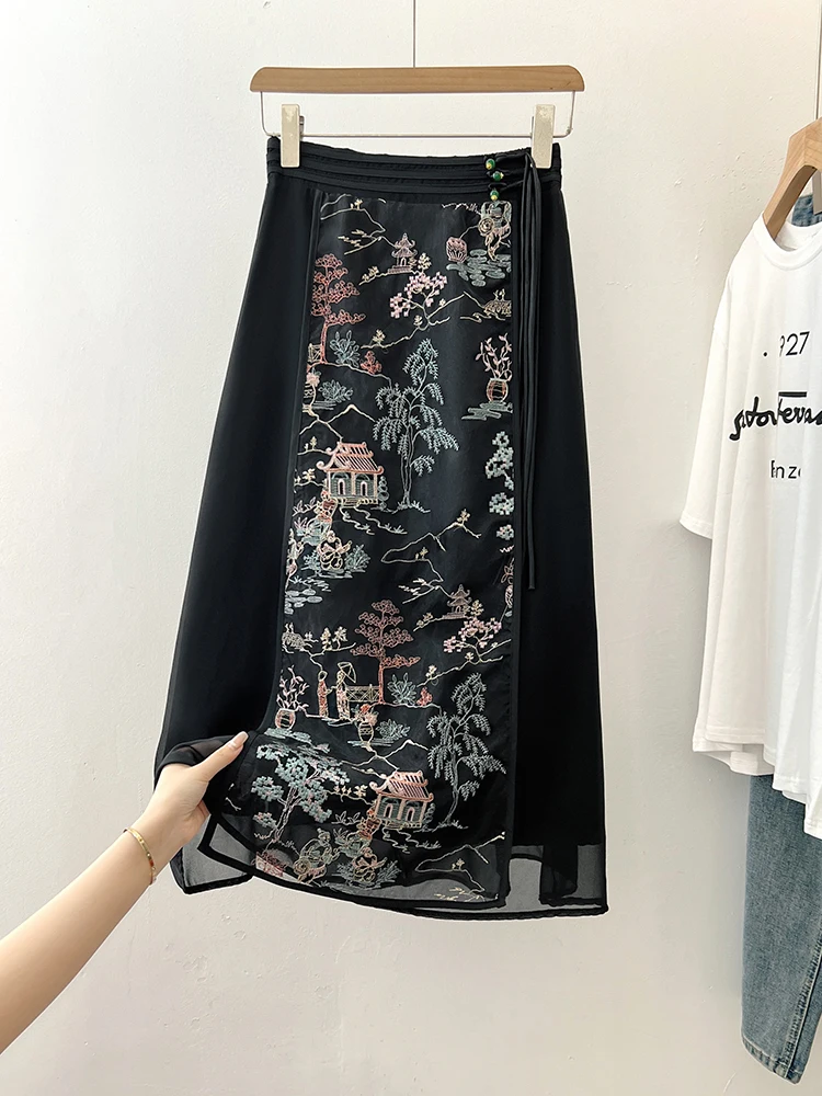 

Ele Embroidered Chinese Sle f Skirt with Button Detail Netting Panel Hanfu Women's Faionable Summer Online Exclusive