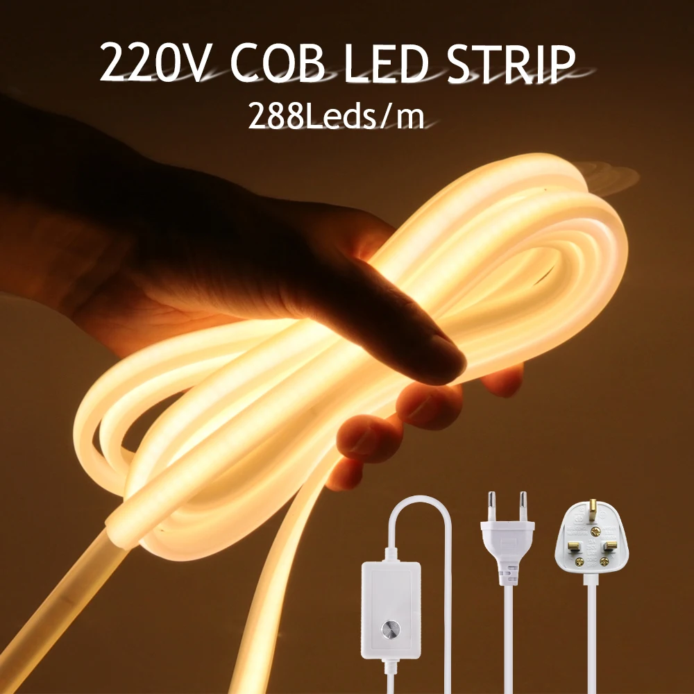 

Dimmable COB LED Neon Strip 220V EU/UK Plug 288LEDs/m Flexible LED Tape Ribbon 3000K 4000K 6000K Waterpoof Garden Outdoor Lamp