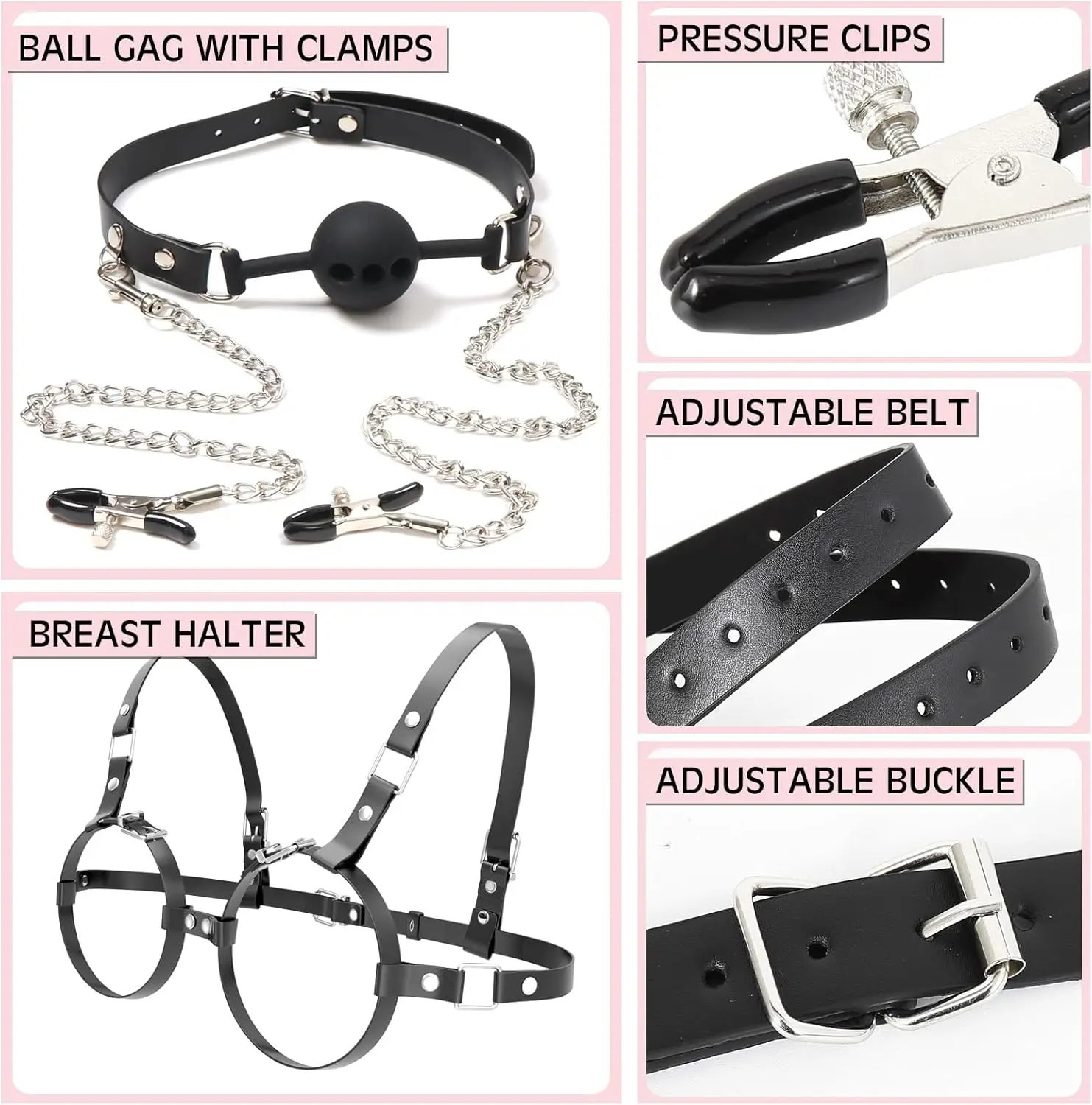 

Sex Bondage Leather Breast Restraints, 3 in 1 BDSM Kit B to D Cup Chest Harness Silicone Ball Gag Nipple Clamps