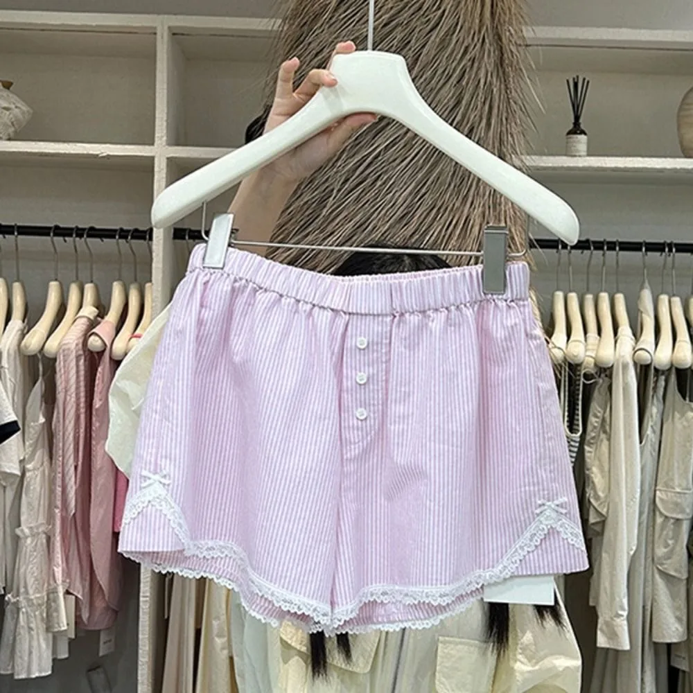 Сексуальные милые летние полосатые шорты синие розовые шорты на пуговицах с эластичным поясом Лолита кружевные леггинсы для женщин и девочек
