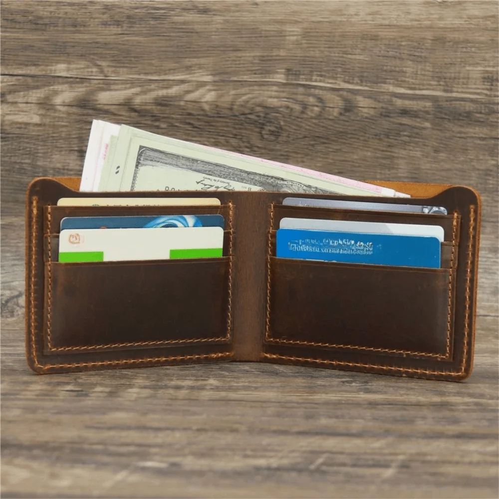 Bifold Design Men Genuine Leather Wallet Short Style Minimalist Coin Purse Retro Lightweight Handmade Wallet Cartera Hombre